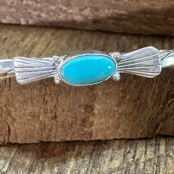 Navajo Sterling Silver & Kingman Turquoise Cuff Bracelet, Stamped - Picture 2 of 9